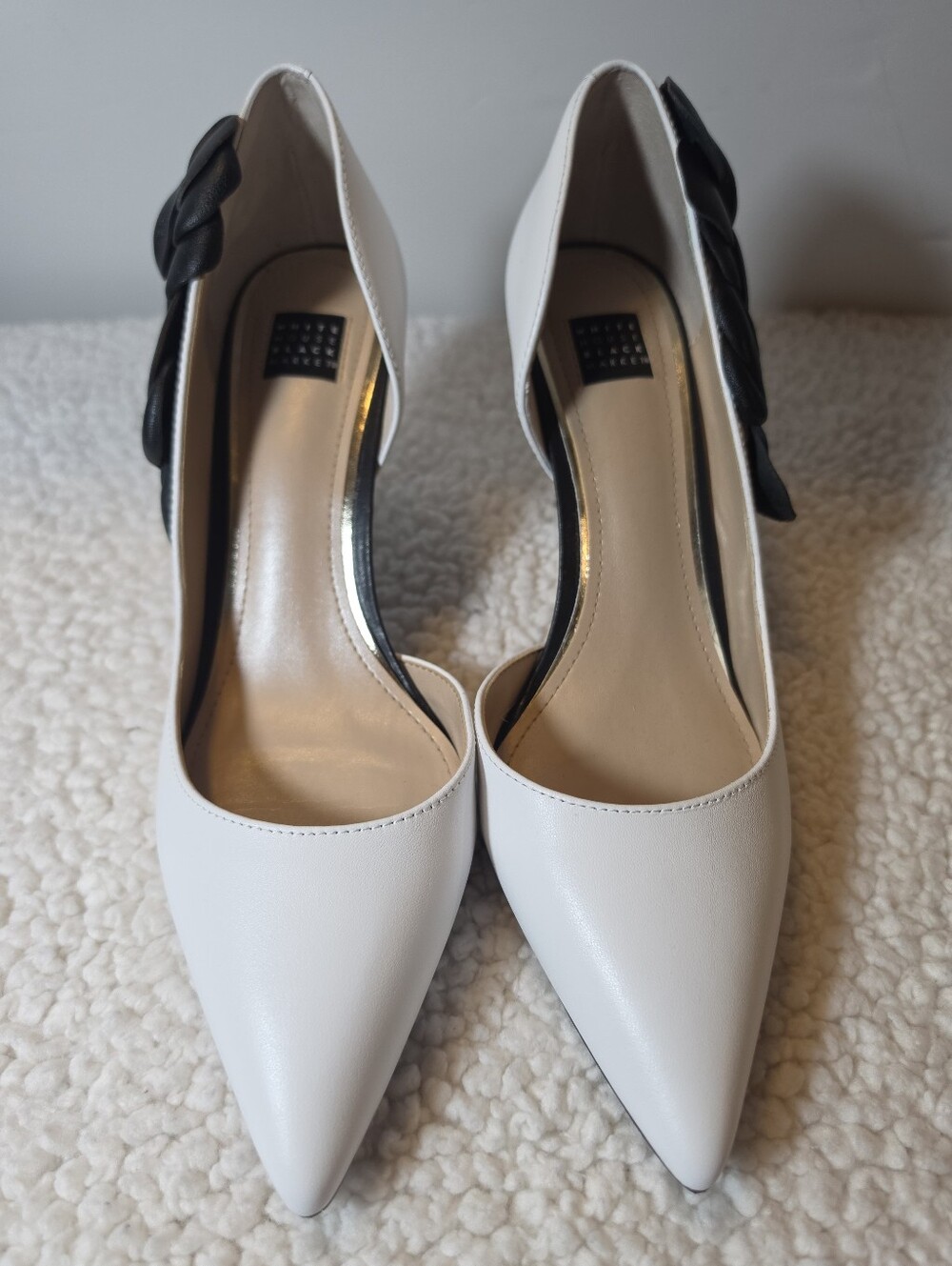 White House Black Market White Pointed Pumps with Black Knot Accent